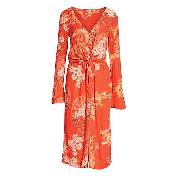 Free People Mixed Print Twist Dress in Red Combo Medium Midi Floral Chic NWT - Picture 13 of 13
